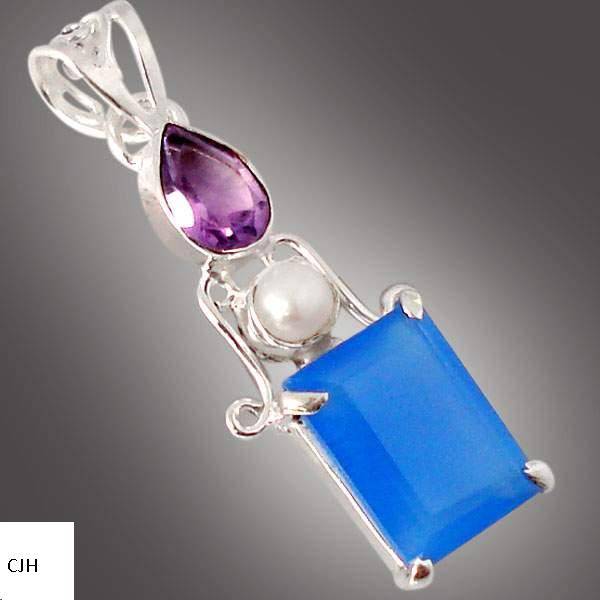 BLUE CHALCEDONY OCTAGON CUT, PEARL AMETHYST .925 STERLING SILVER PENDANT