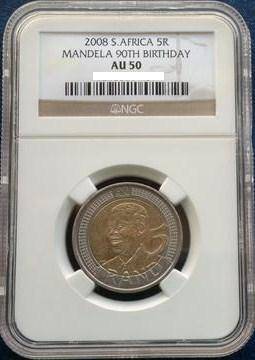 ABOUT UNCIRCULATED: NELSON MANDELA 90th BIRTHDAY 2008 R5 COIN AU50 ***RARE NGC GRADE***
