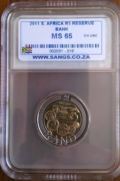 2011 RSA 5 RAND 90TH ANNIVERSARY 0F THE RESERVE BANK SANGS GRADED MS65