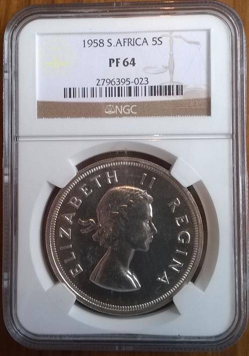 1958 SA 5 SHILLINGS NGC GRADED PROOF 64