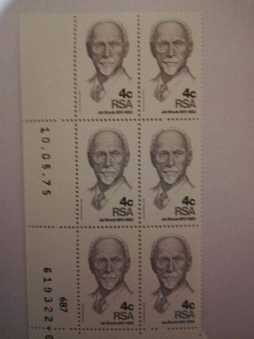RSA 1975: 105th ANNIVERSARY OF BIRTH OF JAN SMUTS 4c CONTROL BLOCK OF 6 UMM (SACC383)