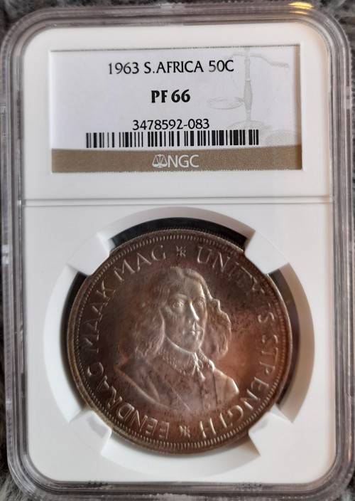 SA 1963 SILVER 50c CROWN NGC GRADED PROOF 66!! HIGH GRADE!!  SECOND BEST GRADE AT THE NGC