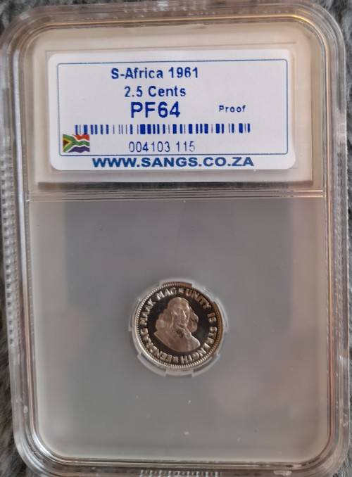 SA 1961 SILVER TWO AND A HALF CENT GRADED BY SANGS PROOF 64