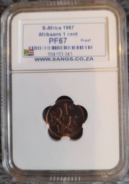 1967 SA AFRIKAANS 1 CENT SANGS SLABBED PROOF 67!!!!!!  HIGH GRADE!!!!!!!