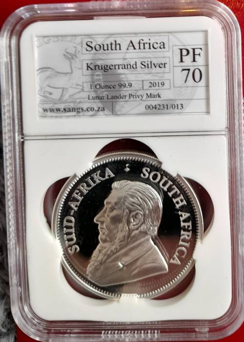 SA 2019 1 OZ SILVER KRUGERRAND WITH LUNAR LANDER PRIVY MARK SANGS  GRADED PROOF 70!!!!  PERFECT!!!!!