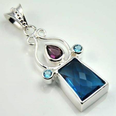 FASHION BLUE TOPAZ AND AMETHYST GEMSTONE PENDANT 2.2" - 925 SILVER