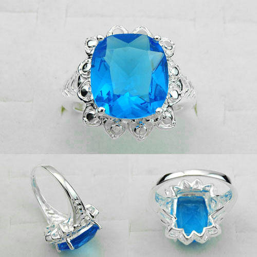 BEAUTIFUL FASHION SWISS BLUE TOPAZ GEMSTONE RING #7-925 SILVER