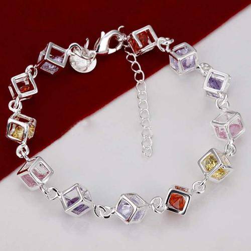 Beautiful 925 Sterling Silver Plated Colored Crystal Cubes Bracelet