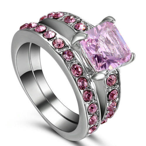 Beautiful 2 Piece Silver & Pink Ring Set - Size 7