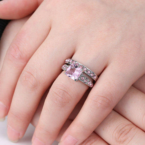 Beautiful 2 Piece Silver & Pink Ring Set - Size 7