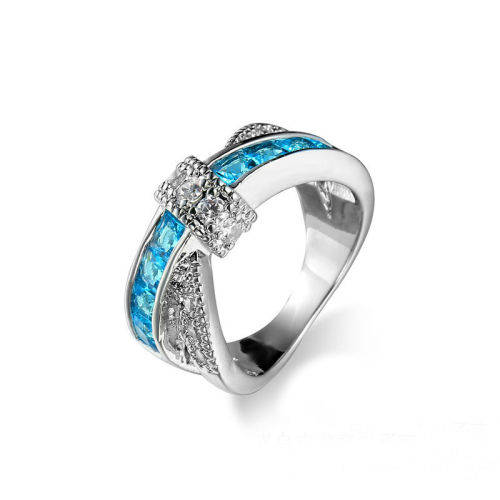 Gorgeous Aquamarine & Clear Crystal Ring - Size 7
