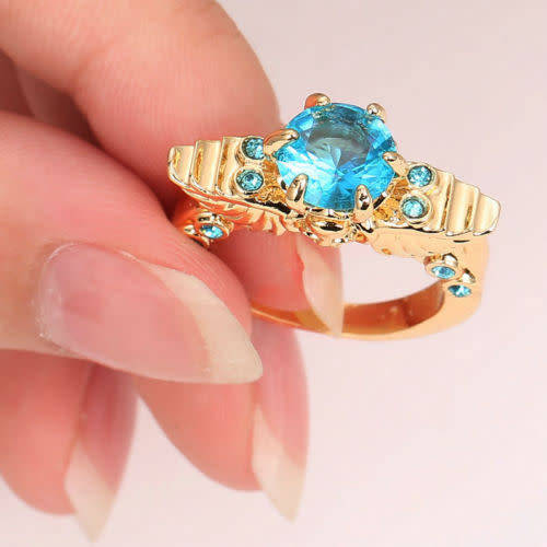 Beautiful Gold Plated Aquamarine Crystal Ring - Size 6