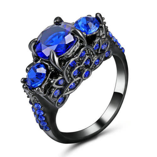 Beautiful Black Gold Filled Blue Crystal Ring - Size 6