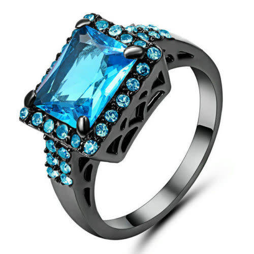 Stunning Black Gold Filled Blue Crystal Ring - Size 8