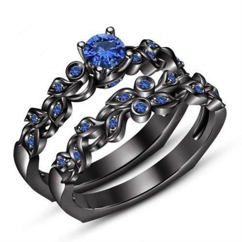 2 Piece Black Gold Filled Blue Crystal Ring Set - Size 7 + Gift Box