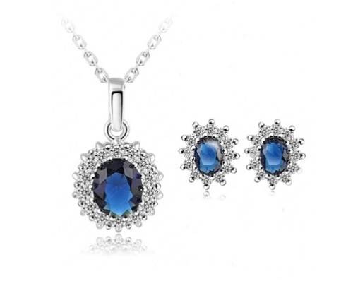 Exquisite Blue Oval Crystal Necklace & Earring Jewellery Set