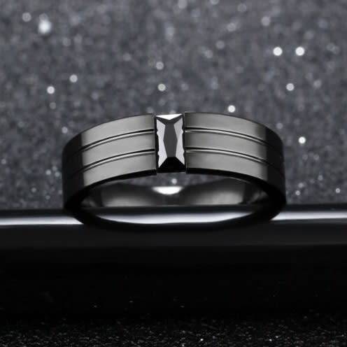 Black Stainless Steel Crystal Ring - Size 6