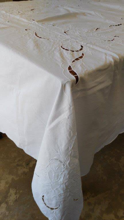 Large white embroidered tablecloth