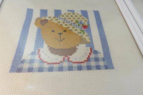 Two teddy bear cross stitch works