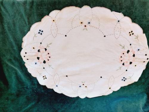 White embroidered tray cloth 45 x 32cm - linen