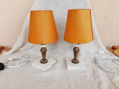 2 chrome and marble lamps with vintage shades - made in Italy