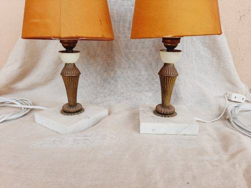 2 chrome and marble lamps with vintage shades - made in Italy
