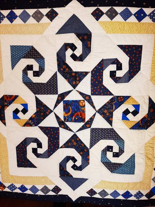 Quilt - navy blue, white and yellow quilt - square 84 x 84 - good condition