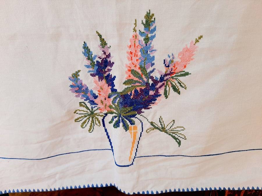 Hand embroidered cross stitch tablecloth (106 x 106cm)