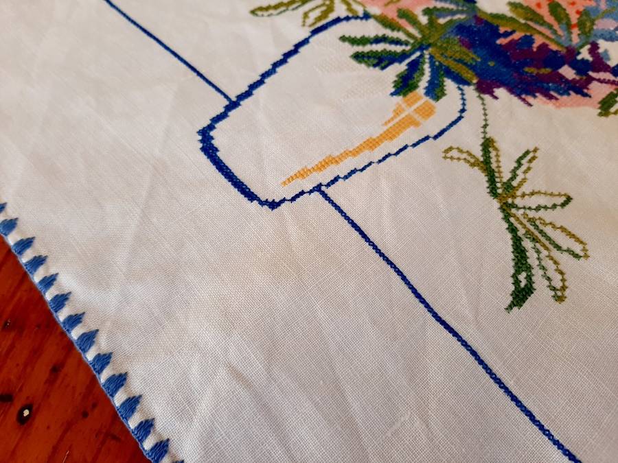 Hand embroidered cross stitch tablecloth (106 x 106cm)