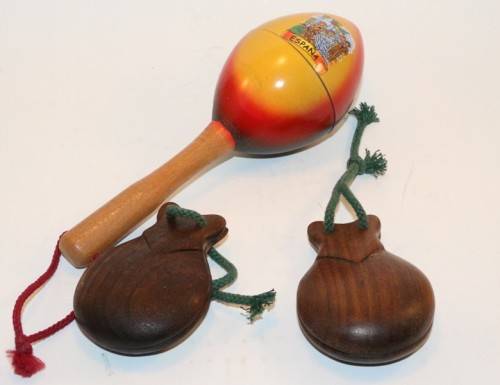 Pair of Spanish Castanets Wooden Dance Clappers and 1 Maracas