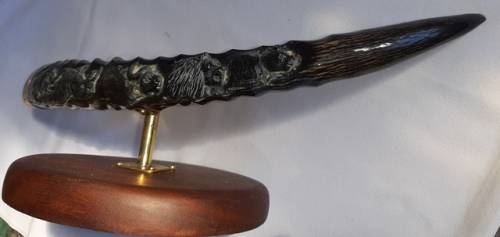 Blesbok Carved Big Five Horm Mounted on Round Wood Base