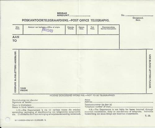 REP. OF SOUTH AFRICA - TELEGRAM FORM AS ILLUSTRATED.