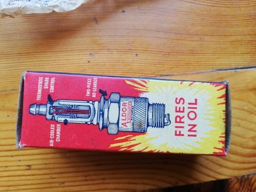 VINTAGE USED ALDOR SPARK PLUG IN BOX.  With original wax proof paper wrapper