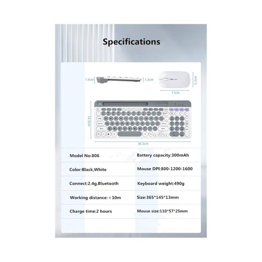 DW 2.4G + Bluetooth Dual Mode Wireless Rechargeable Keyboard and Mouse Combo Round Keycap - ZYG-806