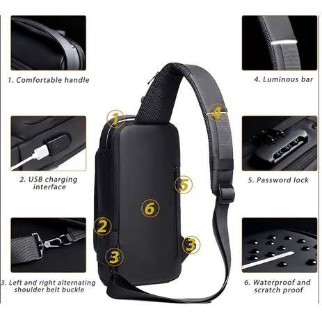 DW Anti-Theft Lock Sling Chest Bag Shoulder Crossbody With USB Port - Black