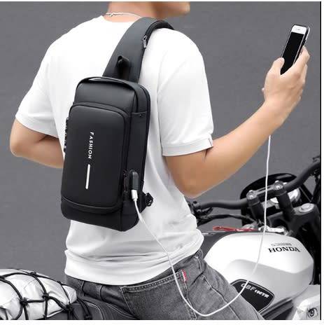 DW Anti-Theft Lock Sling Chest Bag Shoulder Crossbody With USB Port - Black