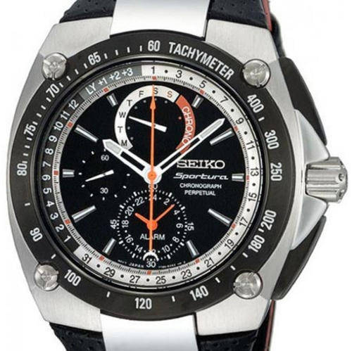 SEIKO SPORTURA CHRONOGRAPH PERPETUAL Quartz 100m Black Dial Sapphire Glass Alarm Perpetual calendar