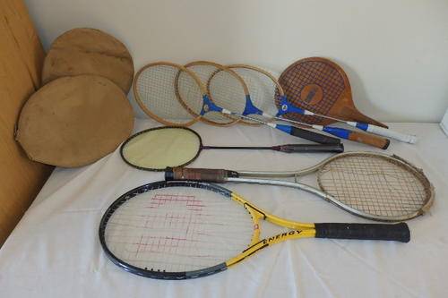 A WONDERFUL COLLECTION OF VARIOUS VINTAGE RACQUETS INCLUDING TENNIS, BADMINTON AND SWINGBALL