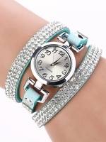 Rhinestone Leather Round Bracelet Wristwatch - Blue and Silver