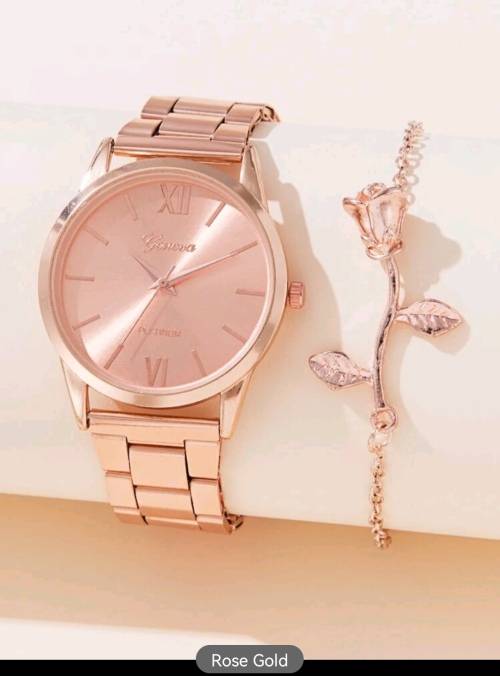 1pc Round Pointer Quartz Watch & 1pc Rose Decor Bracelet