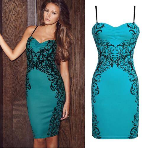 TEAL WITH PRINT DETAILED  SMART DAY EVENING PARTY CLUB DRESS