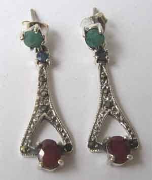Beautiful  925 Sterling Silver Marcasite& Genuine  Rubies Sapphires and Emeralds Earrings