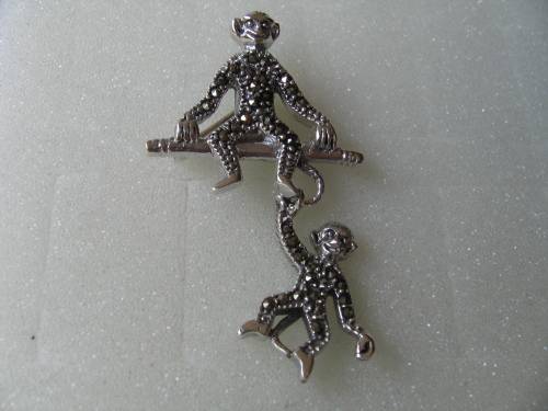 Sterling Silver, Marcasite 2 " Monkey "  Brooch.