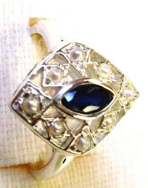 925 Sterling Silver , Blue Sapphire and Seed Peal Ring