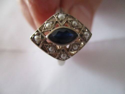 925 Sterling Silver , Blue Sapphire and Seed Peal Ring