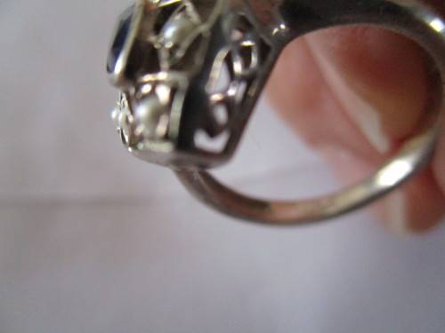 925 Sterling Silver , Blue Sapphire and Seed Peal Ring