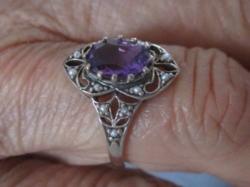 925 Sterling Silver Genuine Amethyst and Seed Pearls Ring