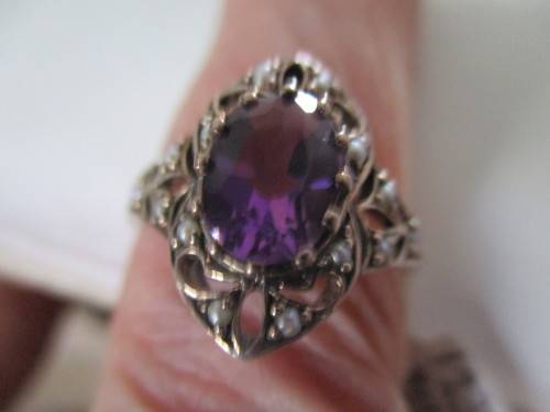 925 Sterling Silver Genuine Amethyst and Seed Pearls Ring