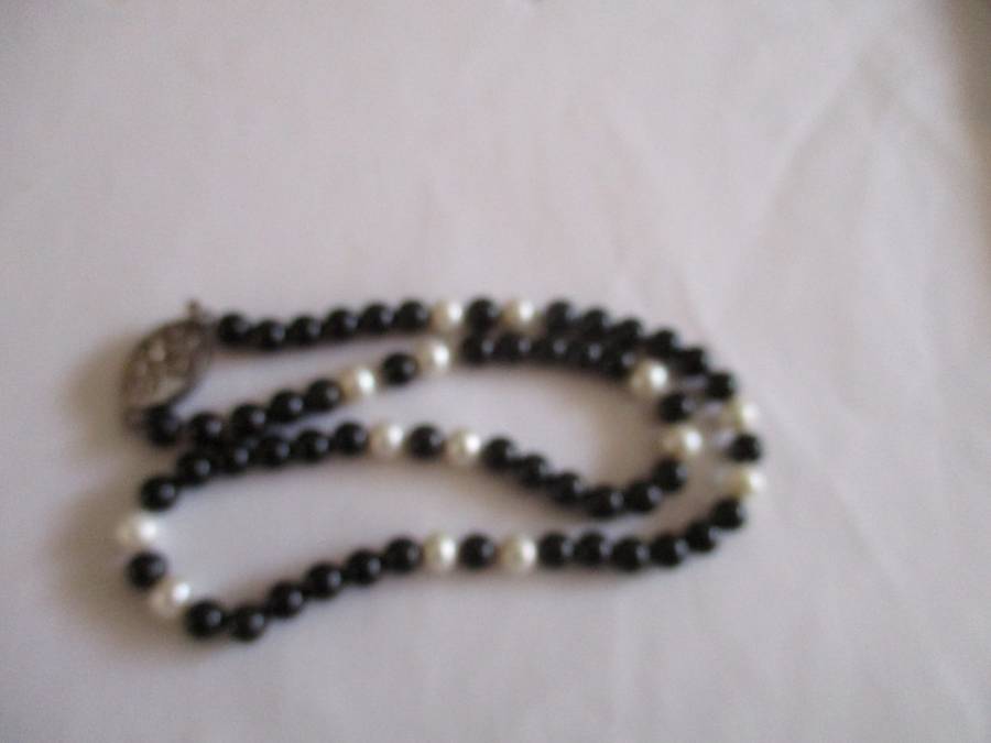 Genuine Black Onyx and Cultured Pearls Necklace with Silver Clasp