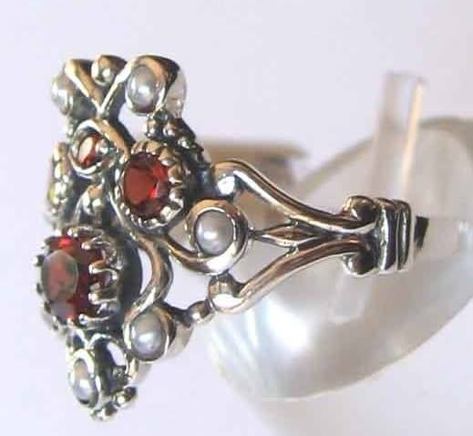 925 Sterling Silver and Genuine Garnets and Seed Pearls Ring